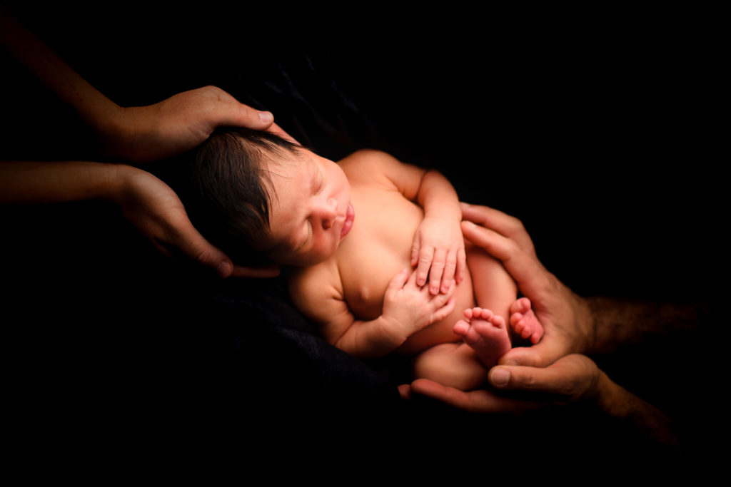 Newborn Photographer, a baby sleeps cuddled in both of her parents hands as they delicately hold her.