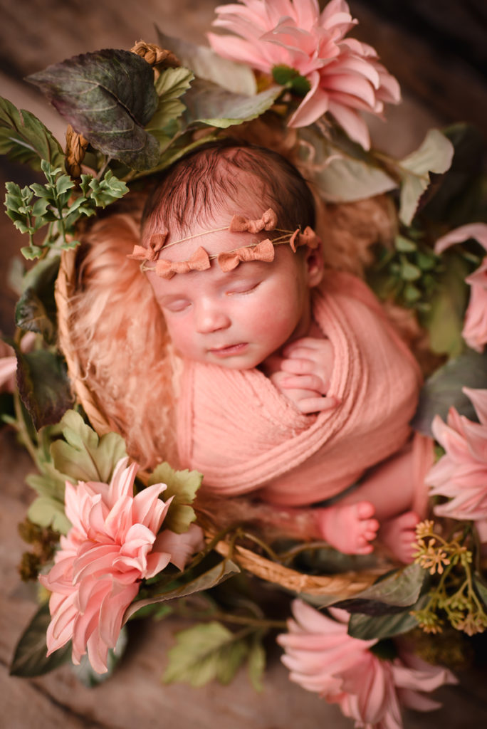 Newborn Baby, a baby girl sleeps in a small basket surrounded by pink flowers.